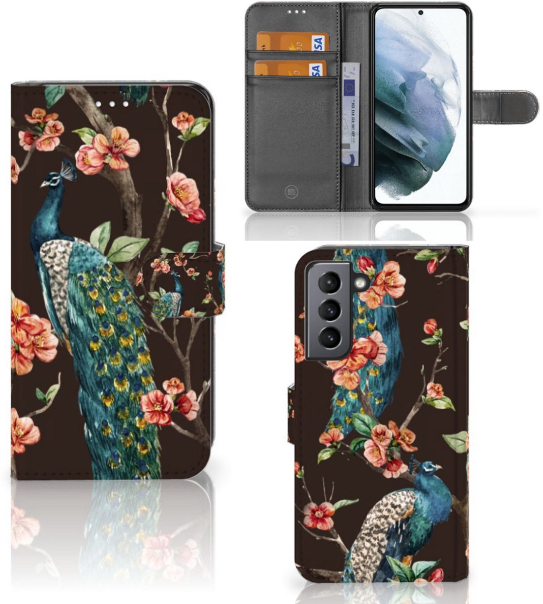 Samsung Galaxy S21 FE Telefoonhoesje met Pasjes Pauw met Bloemen