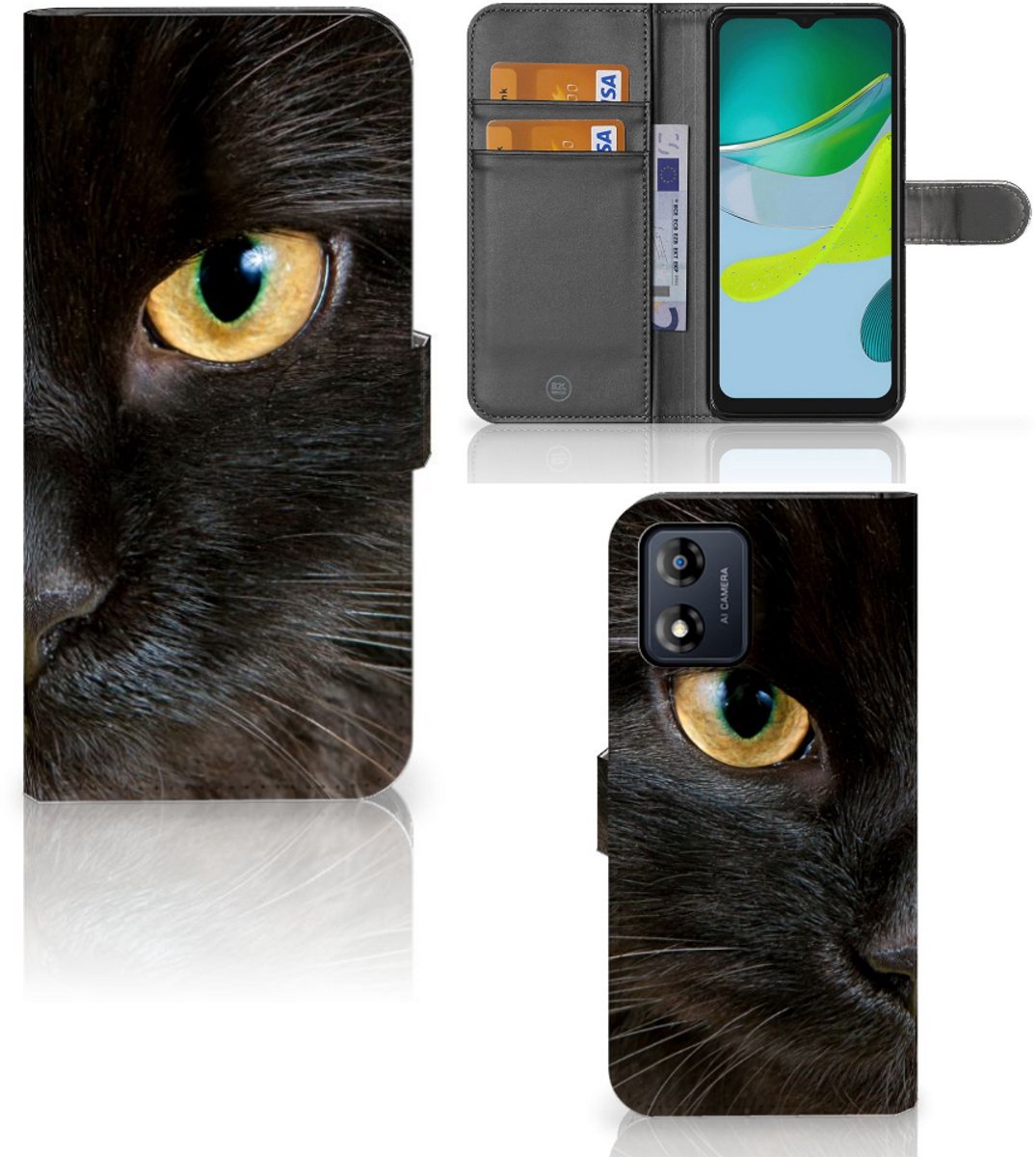Motorola Moto E13 4G Telefoonhoesje met Pasjes Zwarte Kat