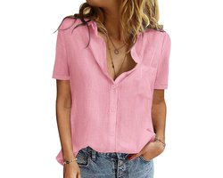 UMIPUBO Damesblouse zomer blouse korte mouwen katoen voor dames elegante blouse V-hals casual button overhemden veelzijdig T-shirt top effen klassiek shirt