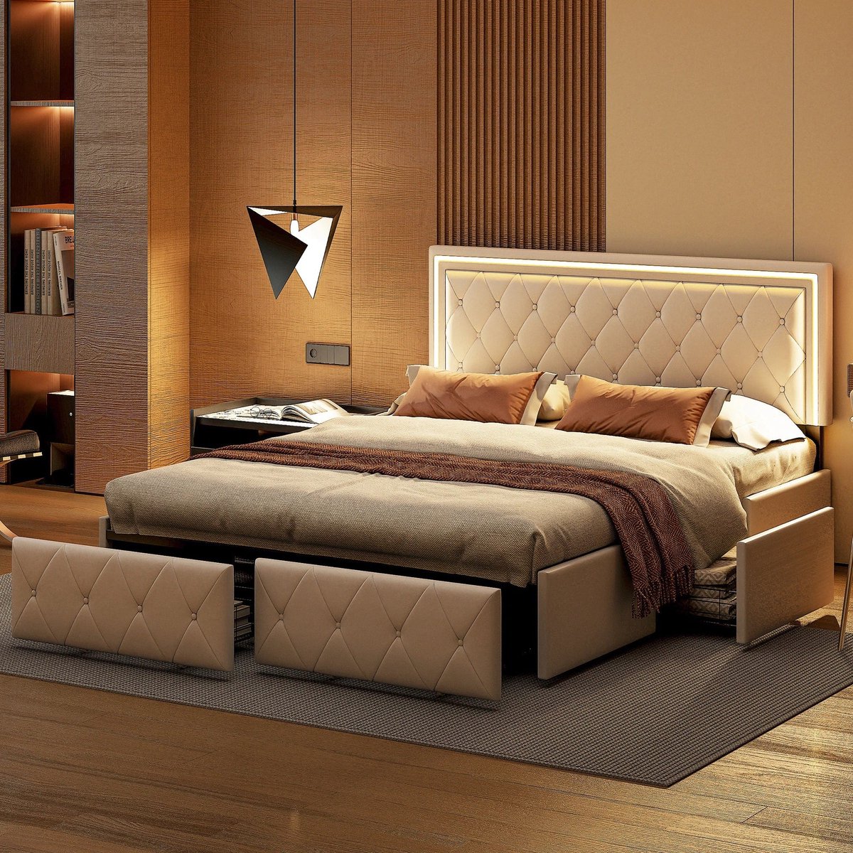 Bed – Bedframe – Slaapbank – Ledikant – Opbergbed – Beige – 140x200 cm – 4 Ruime Lades – Stevig Metalen Frame