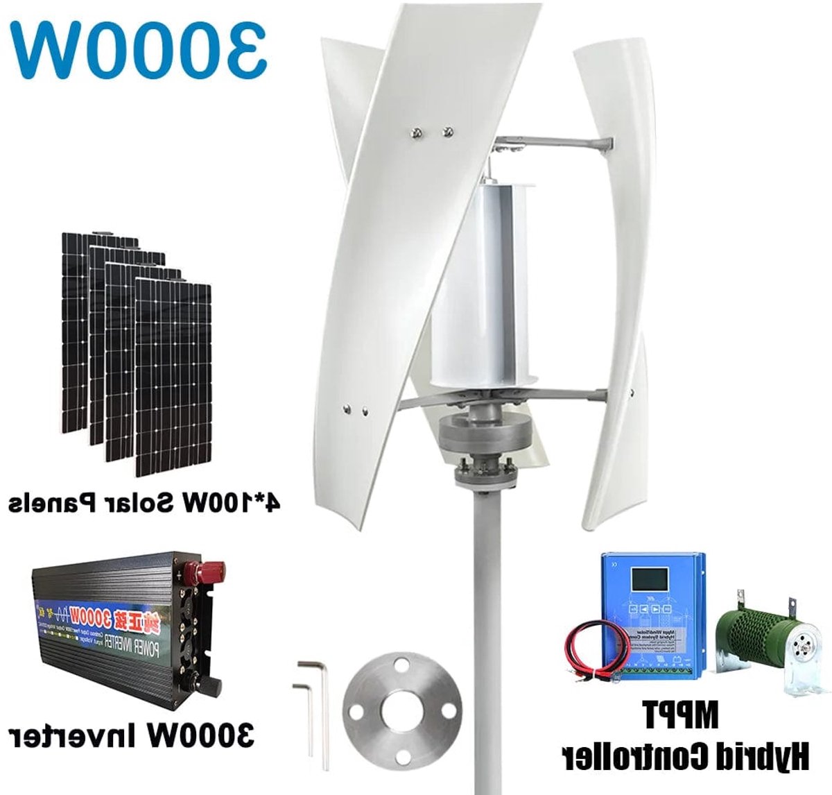 3000W Verticale Windmolen Turbine – Verticale As Generator – Windkrachtinstallatie – Windgenerator – Zonne-energie Hybride Systeem – 24V – MPPT Controller – 3 x 100W Zonnepanelen