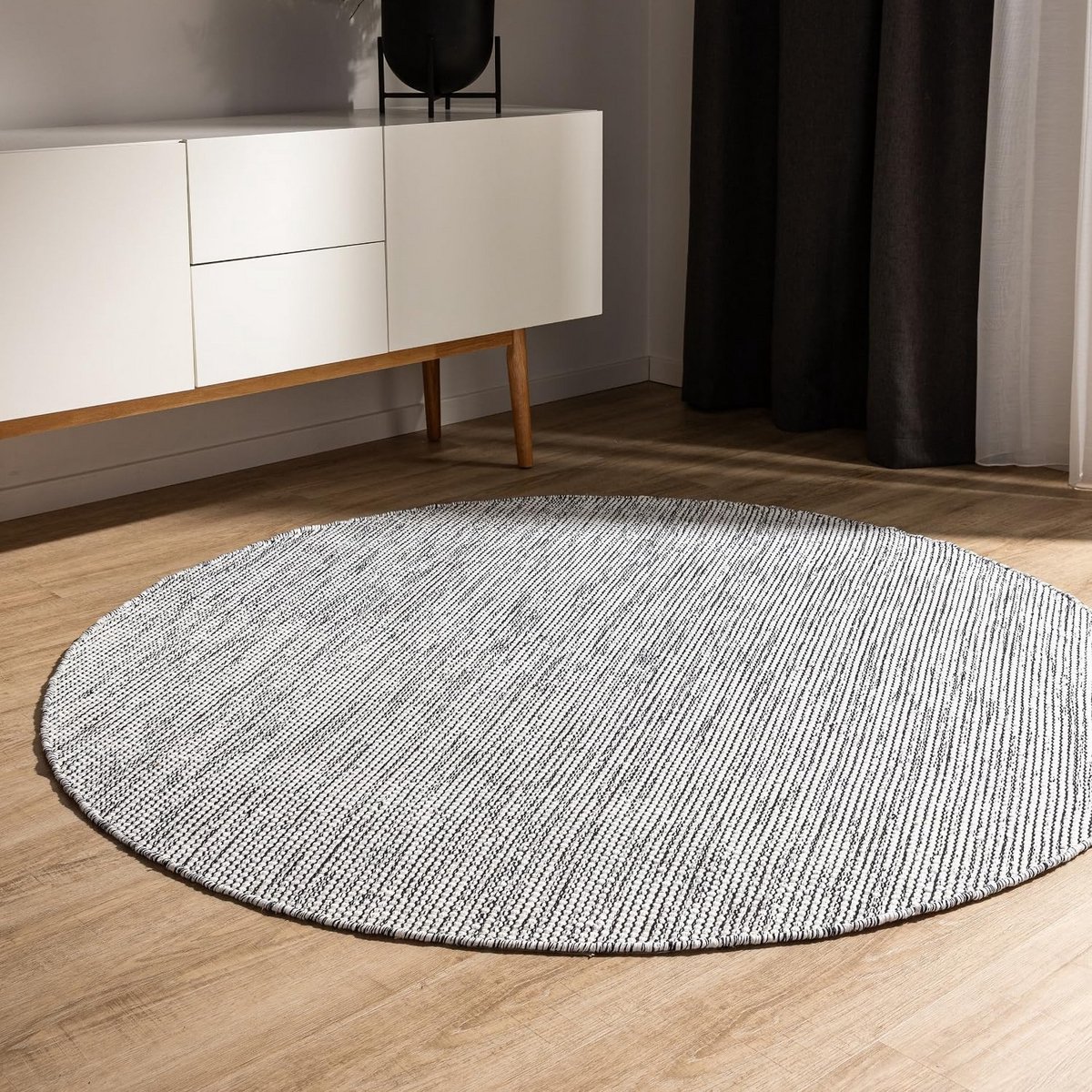 Ronde Handgeweven Katoenen Vloerkleed Beige/Zwart - Natuurlijk en Minimalistisch Ontwerp -