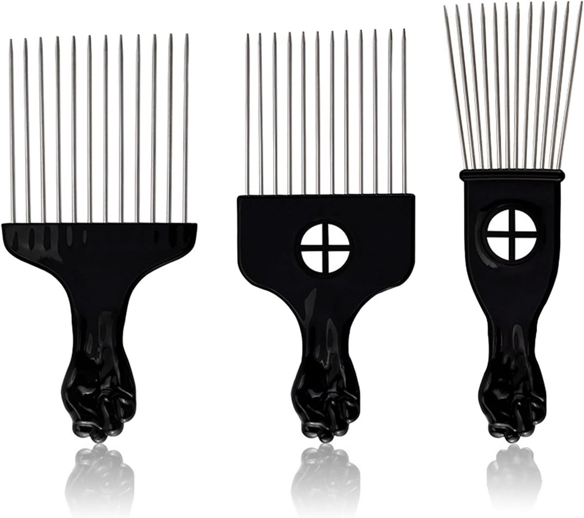 Set van 3 metalen afrokammen en haarplukkammen voor professionele haarkappers