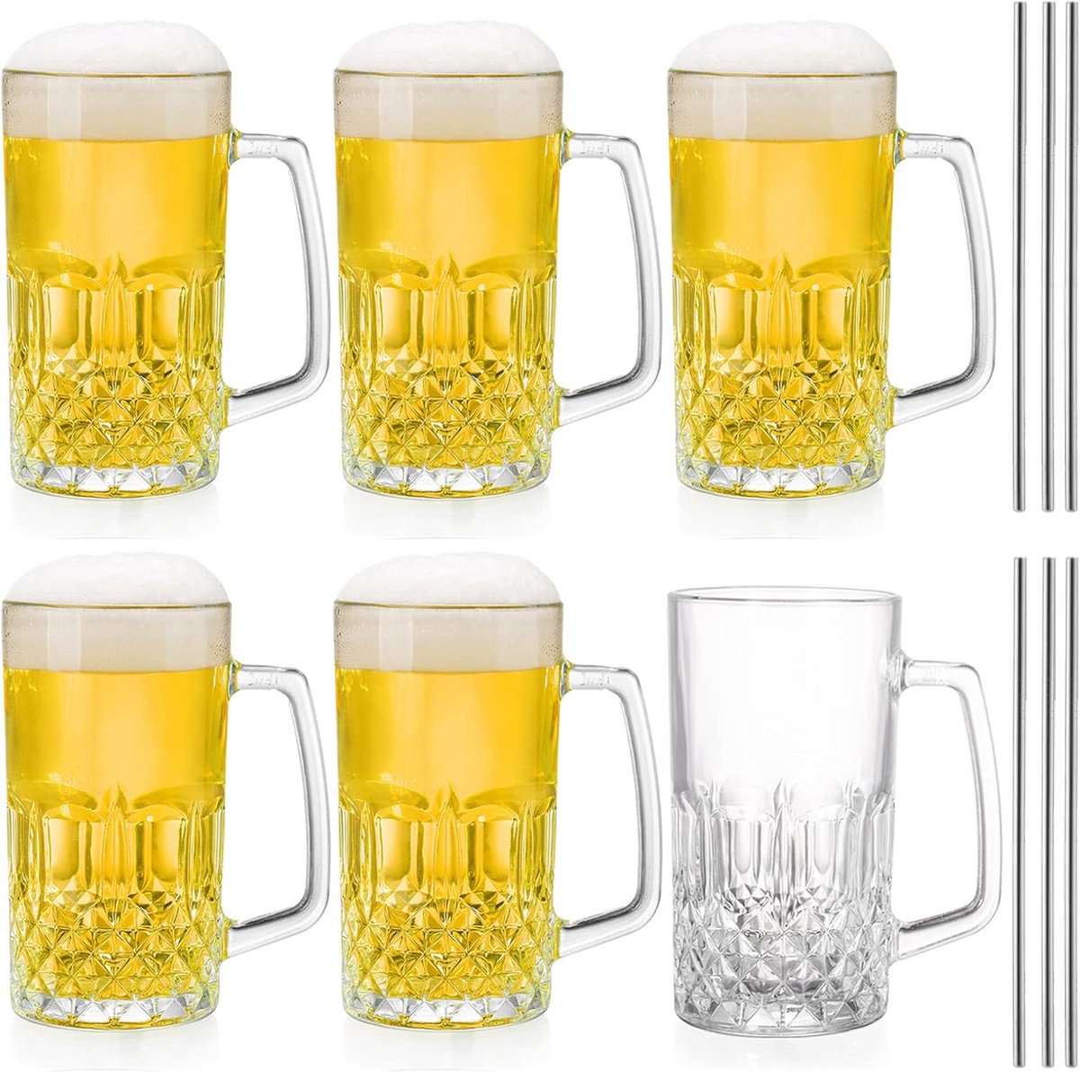 Set van 6 Grote Bierglazen met Handvat en Rietjes - Perfect voor Dranken en Feesten