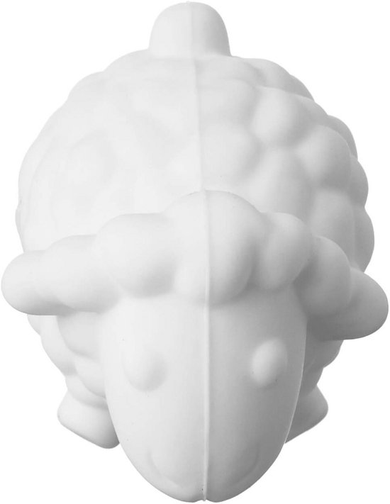 Een witte siliconen deksel lifter in de vorm van een schaap, van voren gezien.