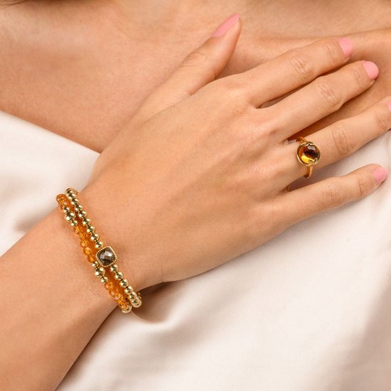 My Bendel - Bracelet Élastique à Perles avec Ambre et Perles Dorées - Doré & Oranje - avec Emballage Cadeau Luxe | Bijoux Pour Dames