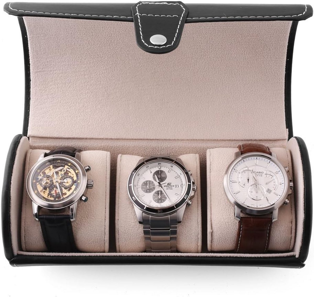 Leren Horlogedoos voor 3 Heren en Dames Horloges - Zwarte Opbergkoffer