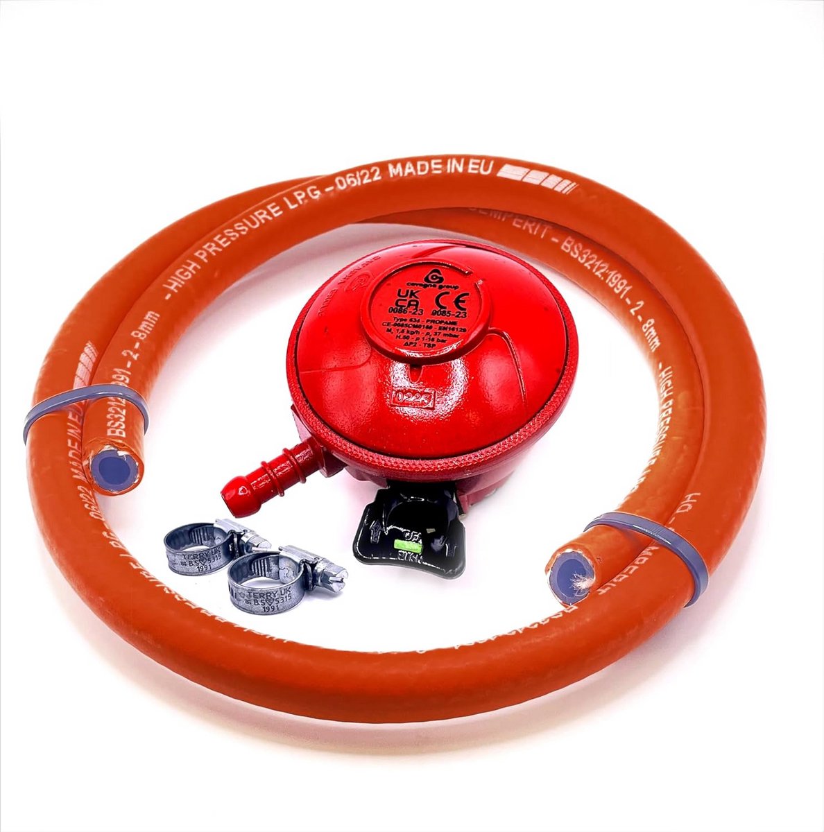 Propaan Gas Drukregelaar 27mm met Hogedrukslang 2 meter en Jubileum Clips