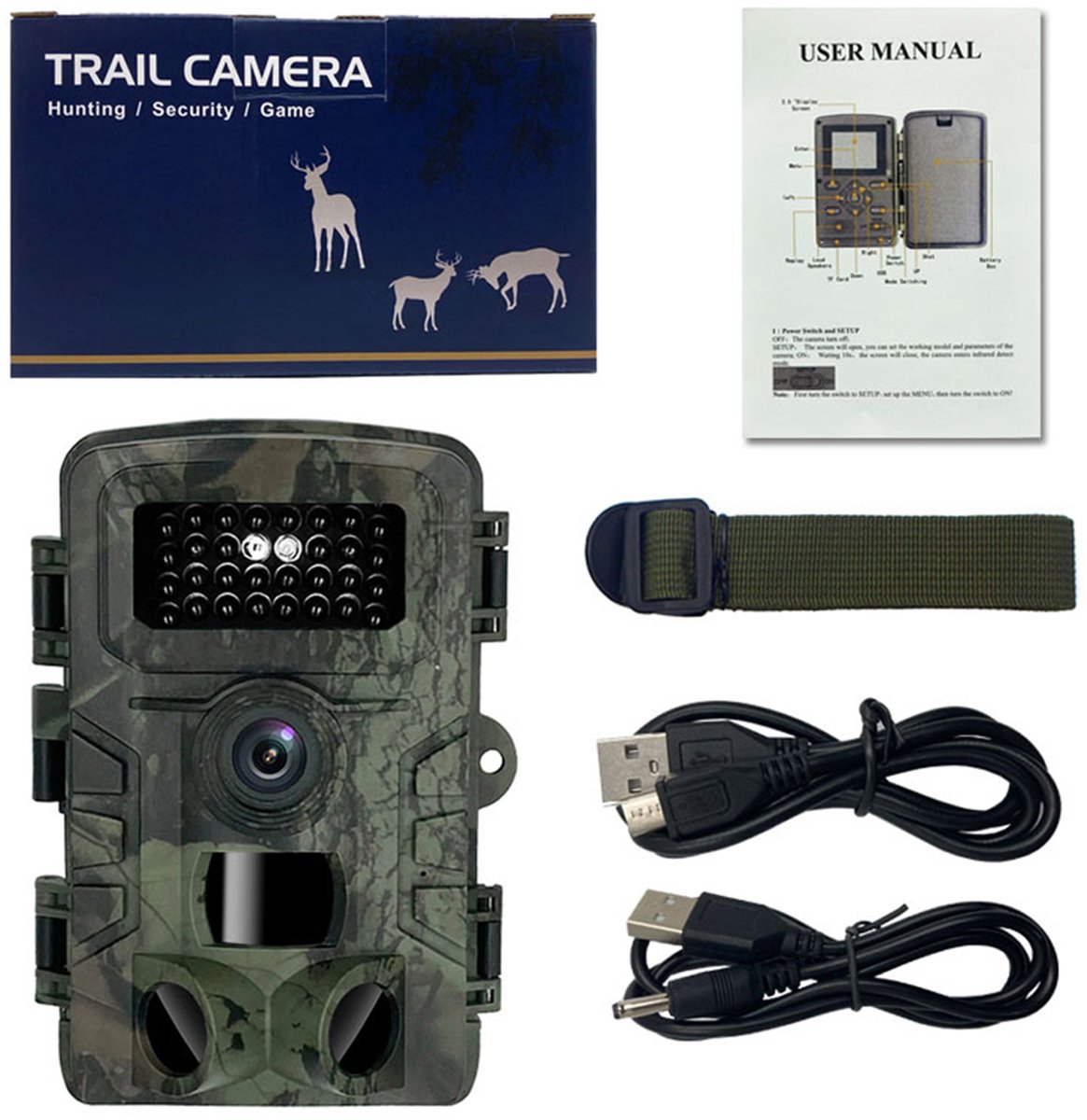 Dag- en nachtcamera met foto- en videofunctie, multifunctioneel, geschikt voor buiten, jacht, dierenobservatie, bewakingscamera, IP66 waterdicht, 2,0 inch display, 12 talen, infraroodverlichting.