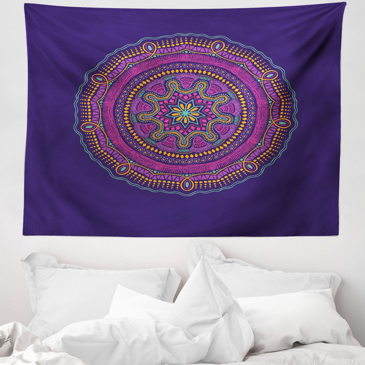 ABAKUHAUS Yoga Wandtapijt, Rond Mandala Ornament op een Paarse Achtergrond, 150 x 110 cm, Meerkleurig Veelkleurig