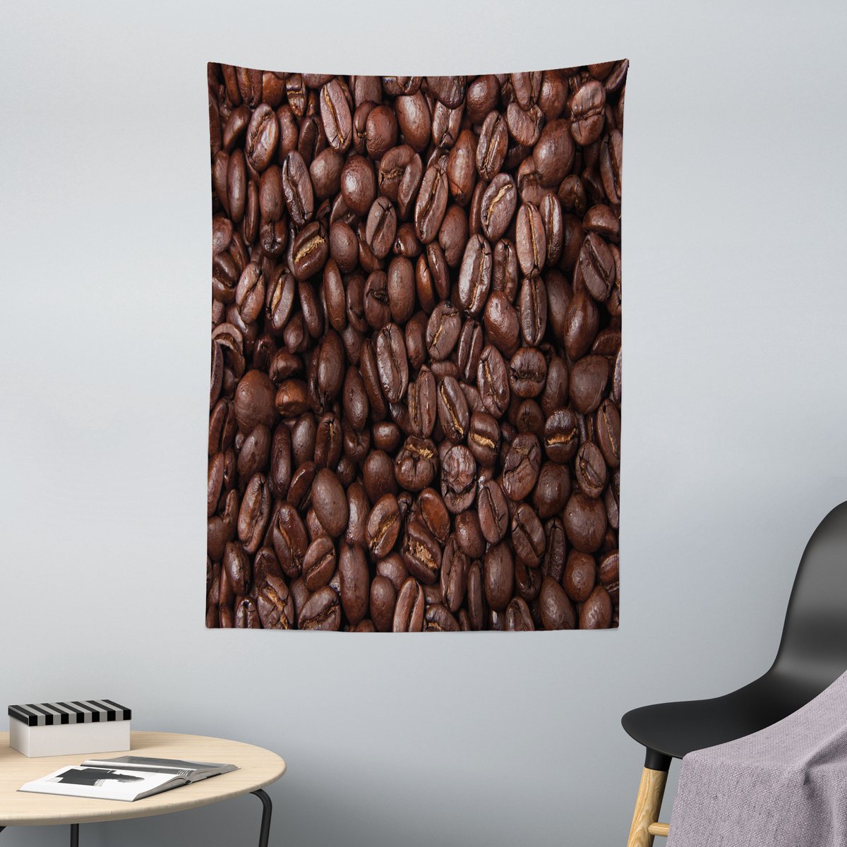 ABAKUHAUS Koffiewandtapijt, met een afbeelding van aromatische koffiebonen, 110 x 150 cm, roodbruingrijs Redwoodgrijs