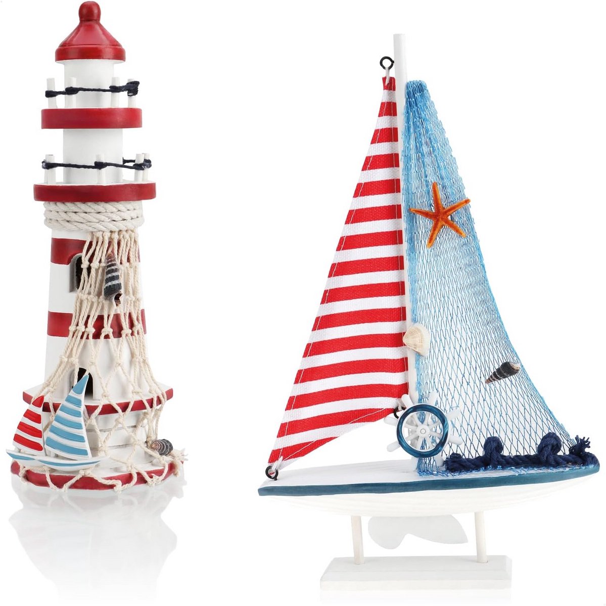 2-delige maritieme decoratieset - Houten zeilschip en vuurtoren voor een sfeervolle uitstraling