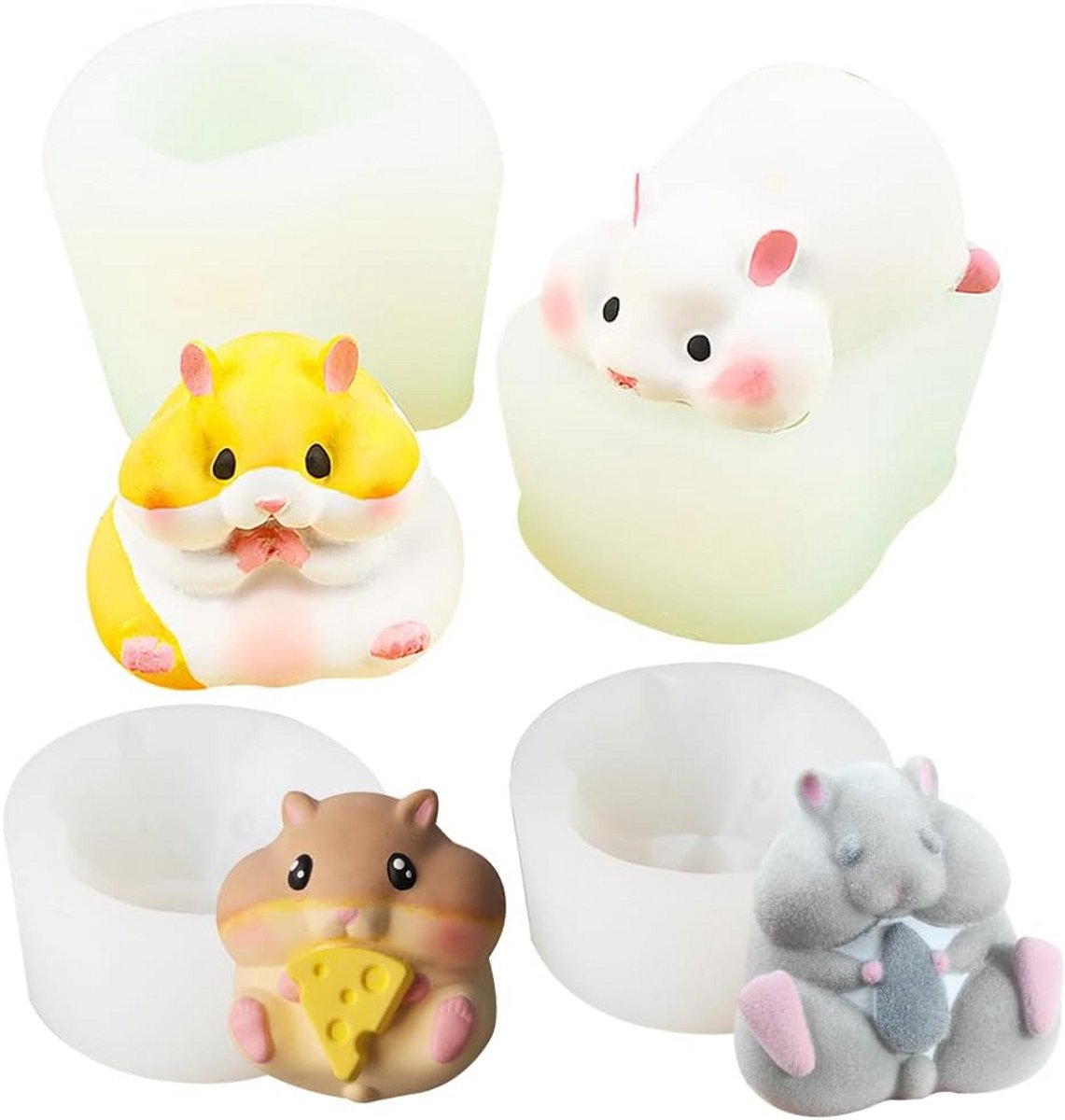 3D Hamster Silicone Mold Set - 4pcs voor Cake, Desserts en Soap