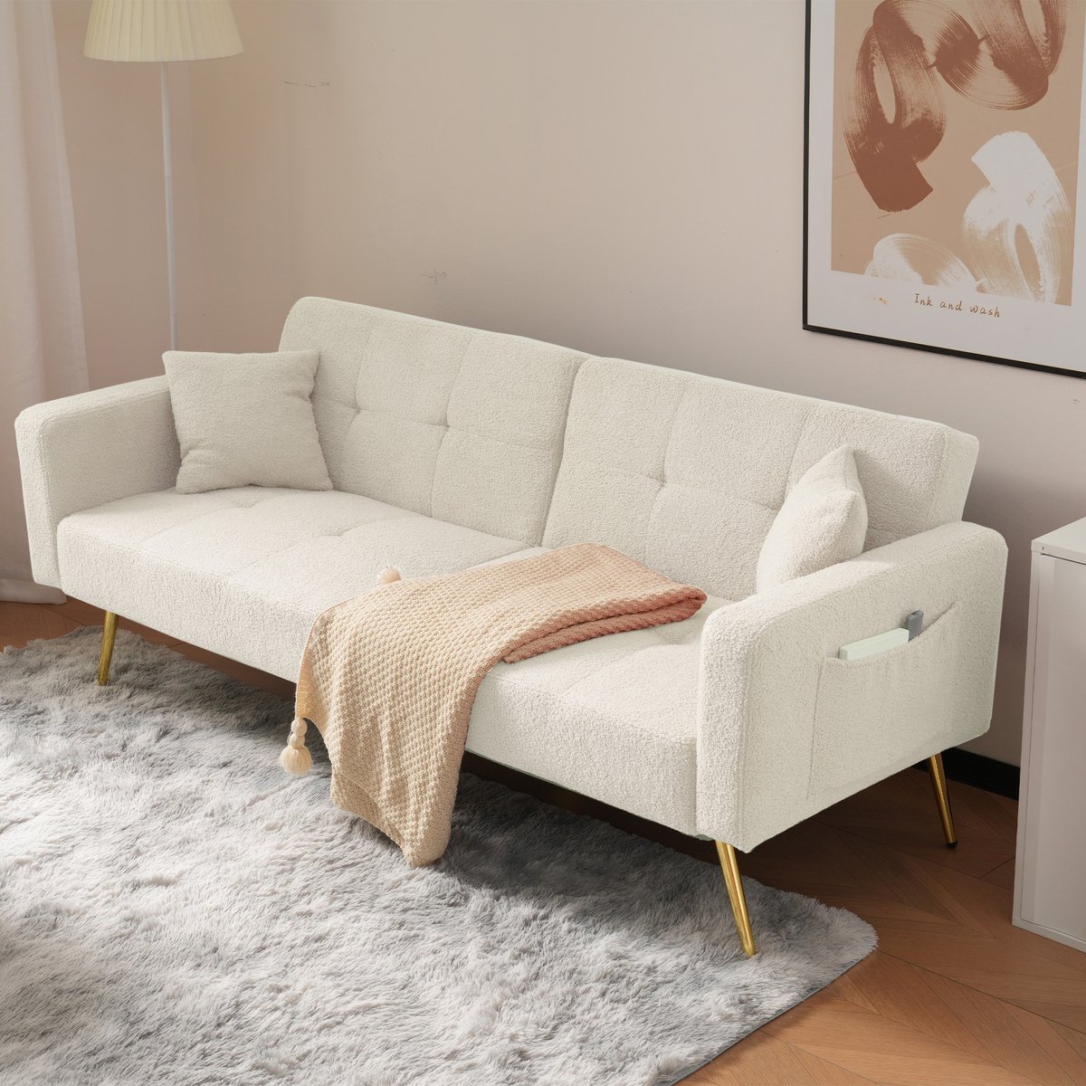 OKWISH Slaapbank 175 Cm - Verstelbare Rugleuning Met Bedfunctie En Zijvakken - Voor Woonkamer Of Logeerkamer - Sherpa - Wit
