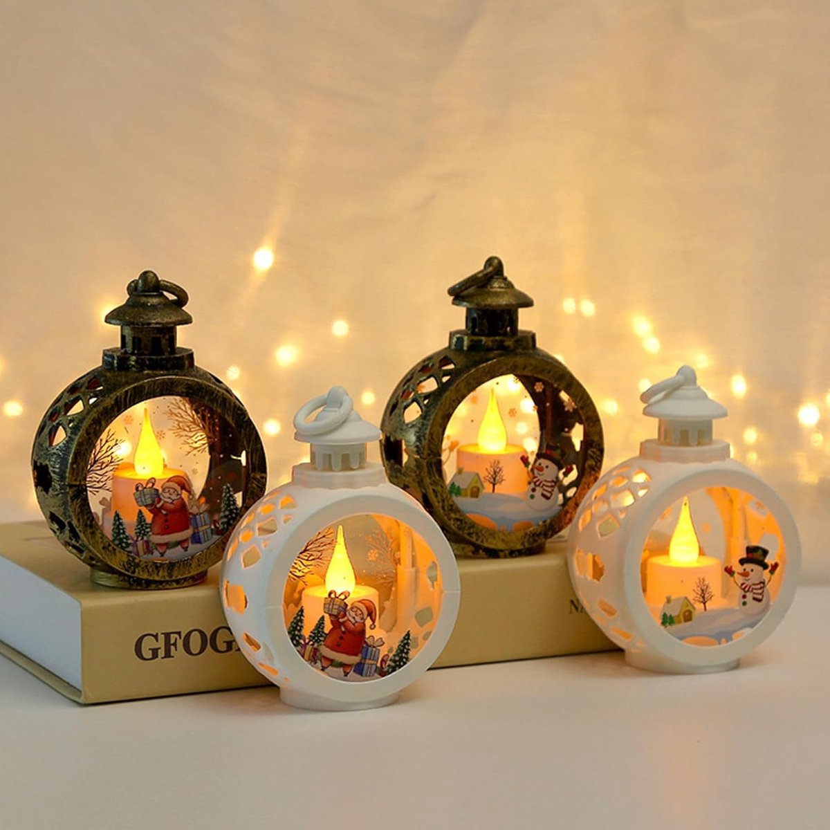 Decoratieve kerstlantaarn set van 2 met sneeuw en kerstthema voor tafeldecoratie – foto 3