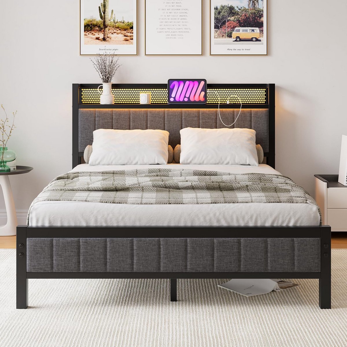 Metalen Bedframe met Ledverlichting en Laadstation - 120 x 200 cm, Moderne Jeugdbed met Lattenbodem en Hoofdeinde in Grijs