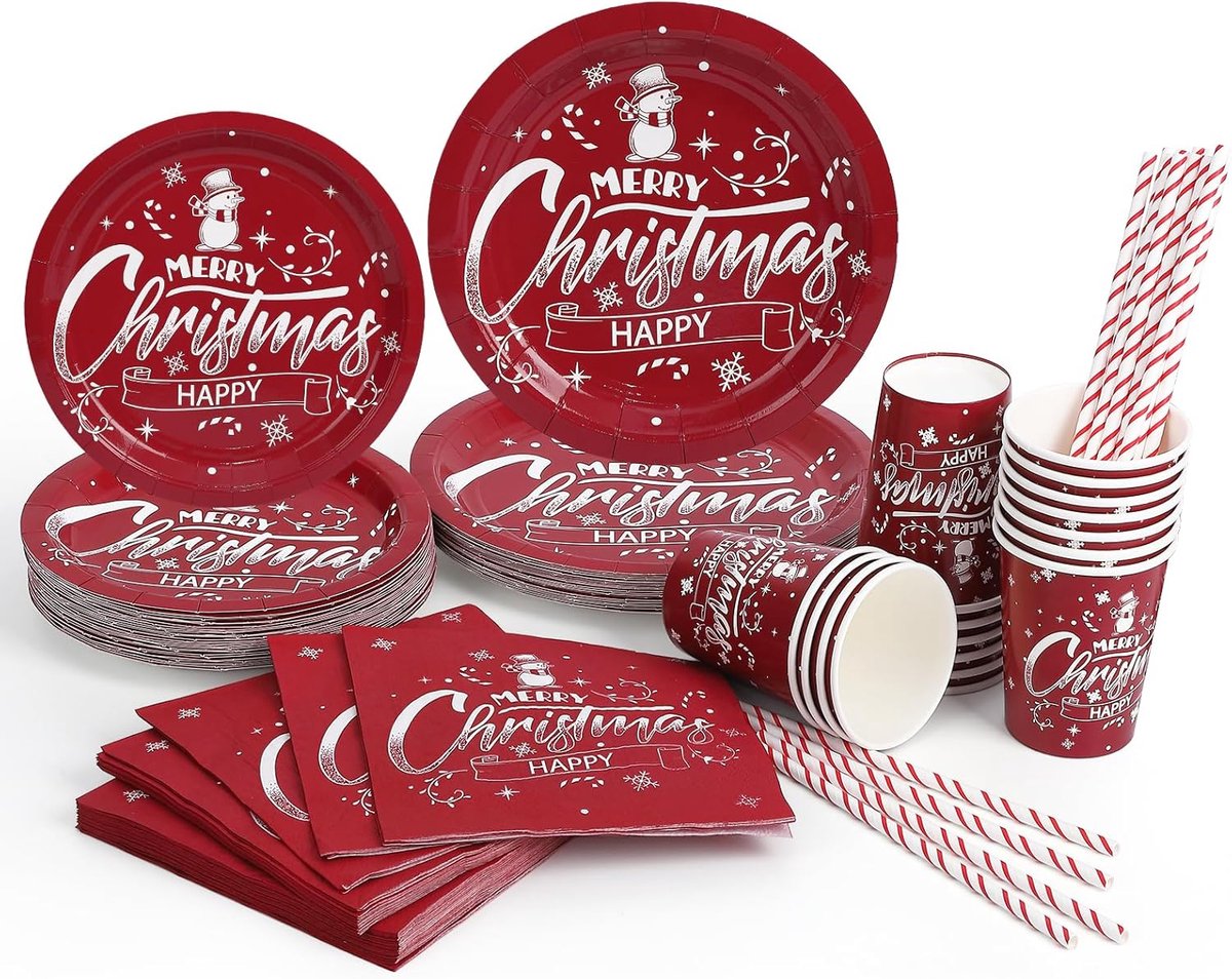 125-delige kerstserviesset met borden, bekers, rietjes en servetten