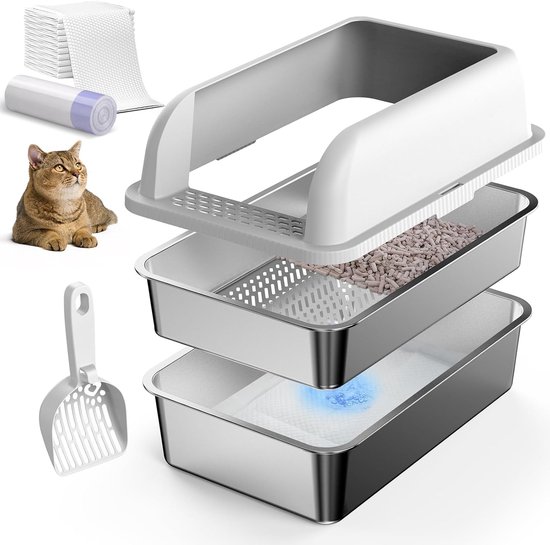 Ontworpen kattenbak met vier lagen: een schep, een opgerolde pad, een kat, een zeefbak, een pelletbak en een bodembak.