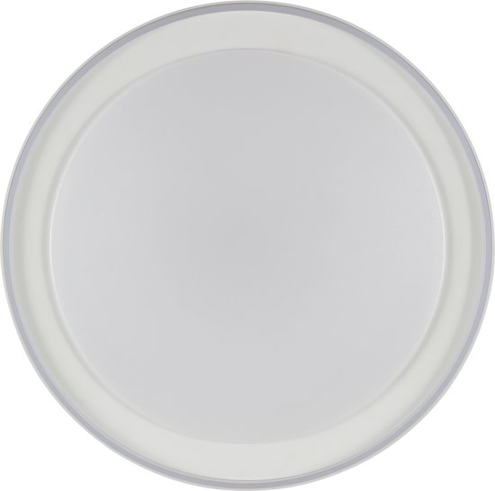 Ronde, witte plafondlamp met een dunne, grijze rand aan de buitenzijde.