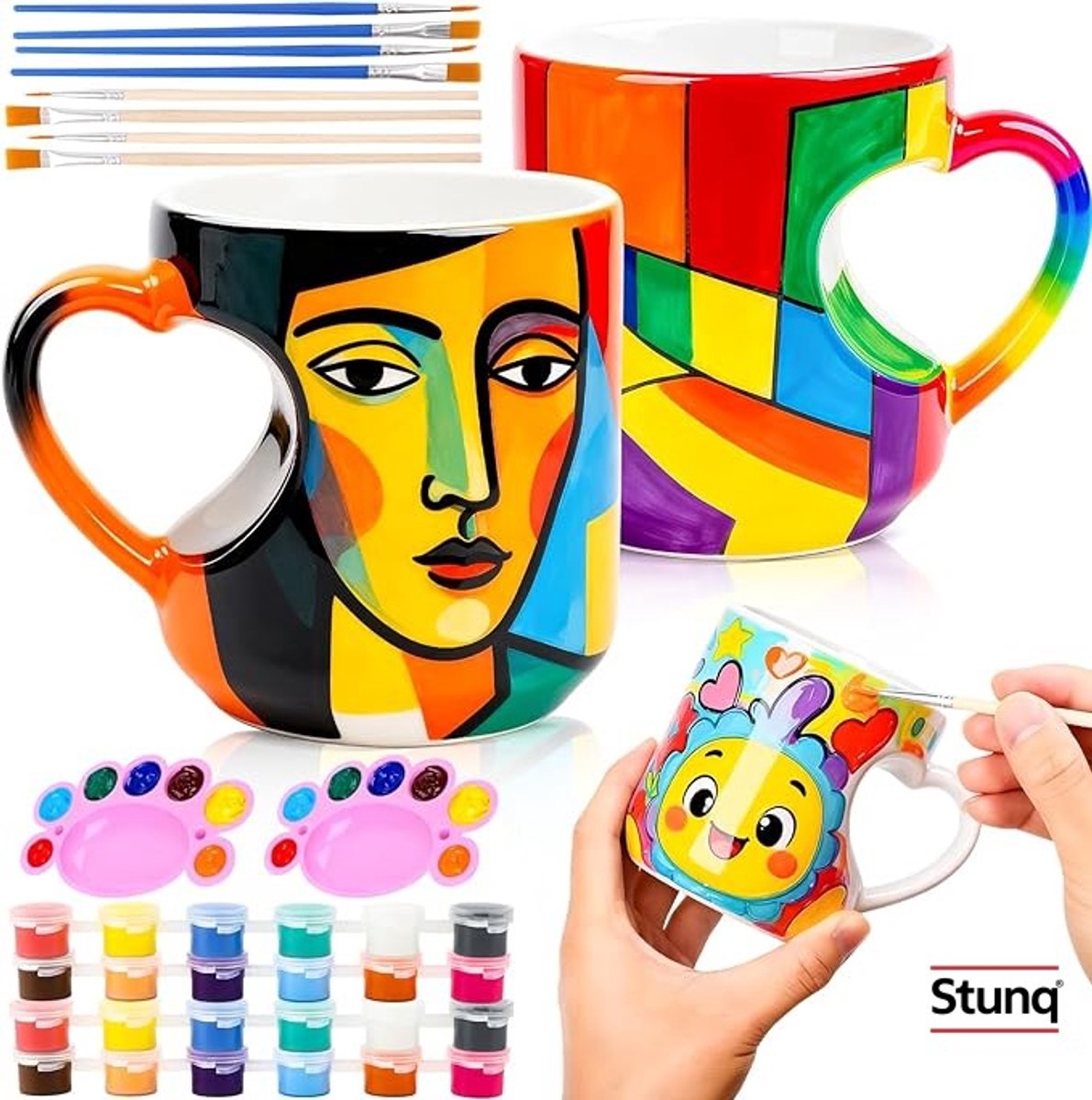 Hartvormige mokken schilderset, complete creatieve kit met 12 kleuren en 8 penselen, doe-het-zelf keramiek voor alle leeftijden