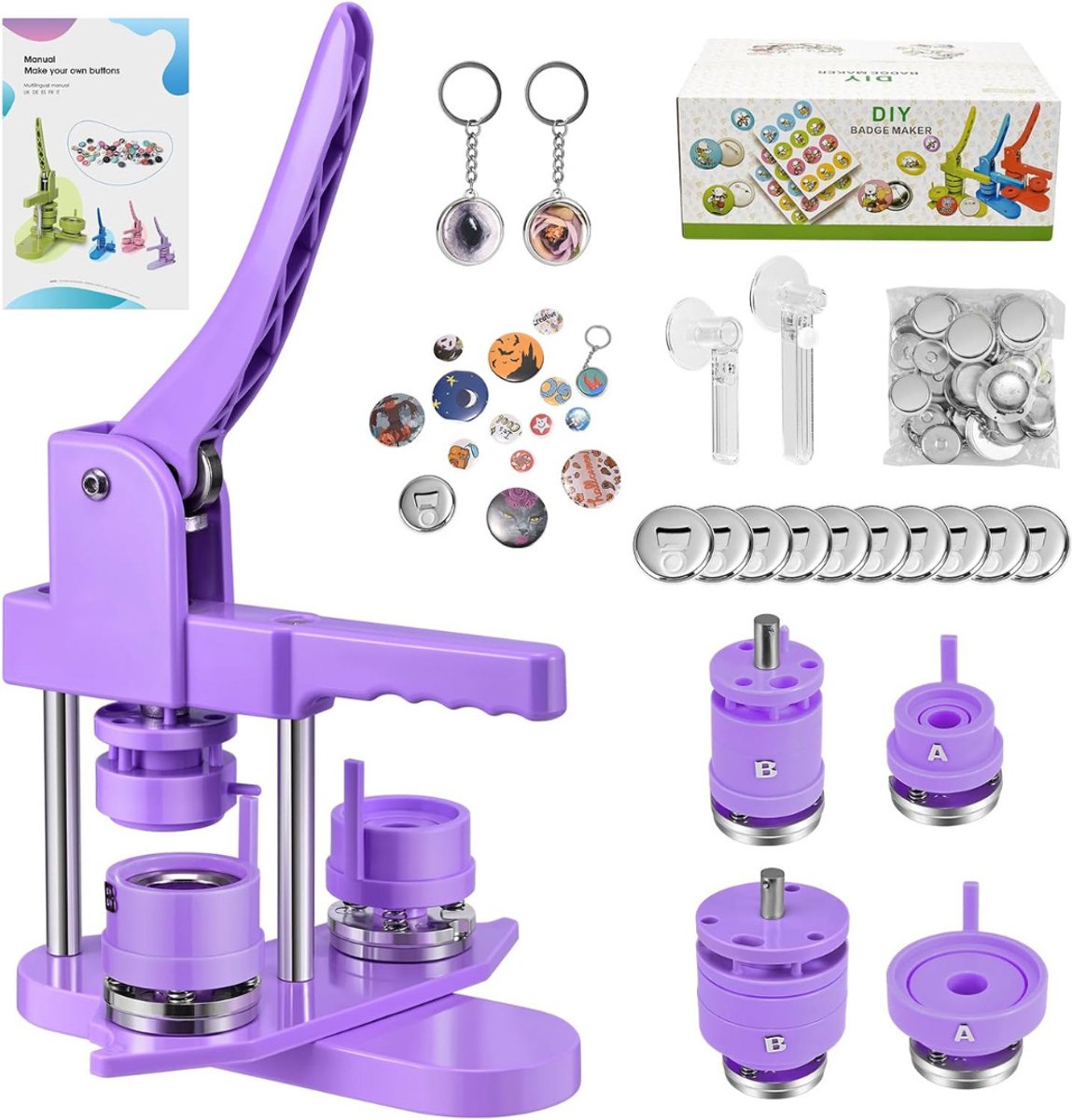VIN® Button Maker – Button Machine - 32 + 58 mm– Badge Maker – Buttons Zelf Maken – Buttons Maken – met 200 Onderdelen Set - Paars