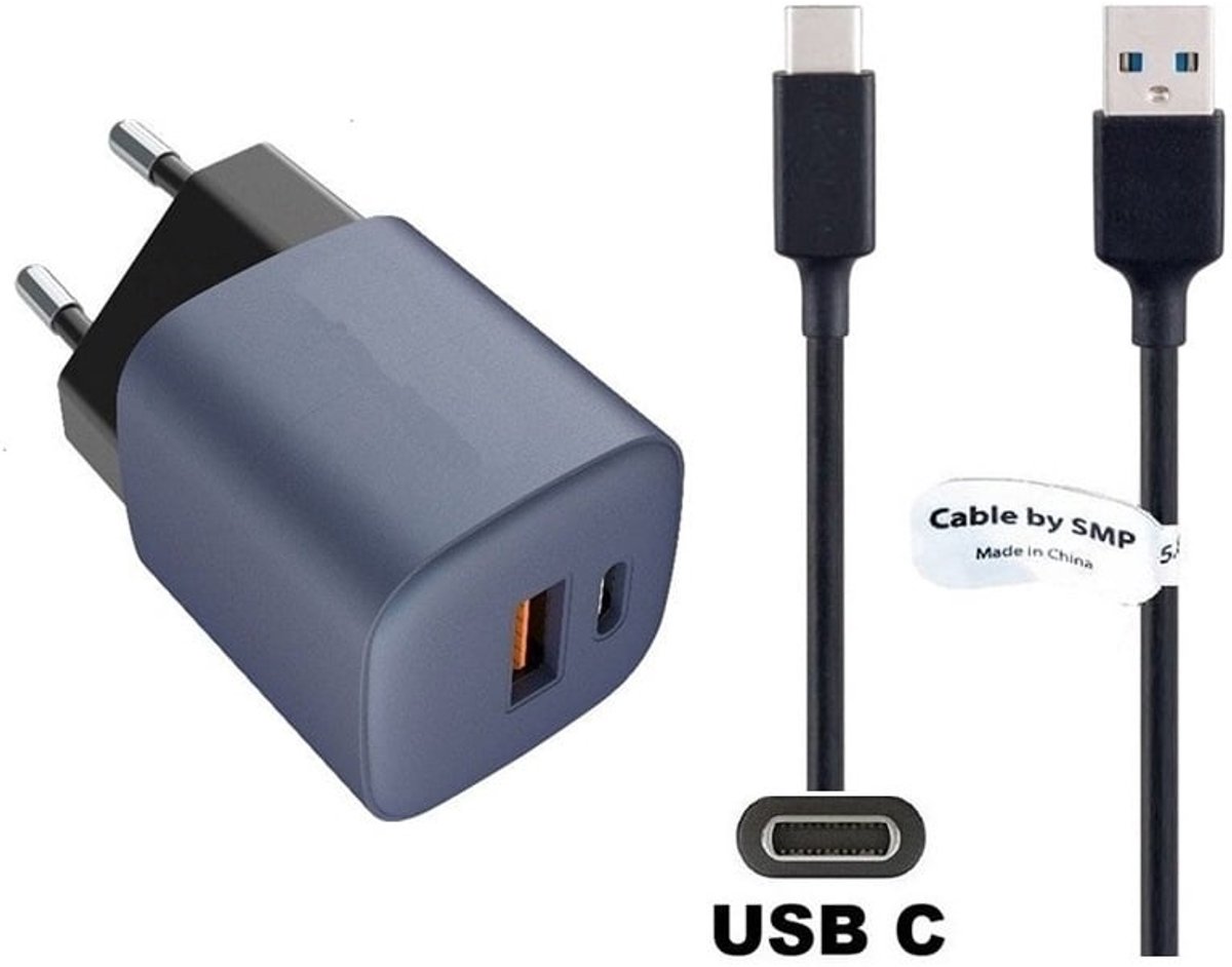 OneOne 33W snellader met 2 poorten + 1,2m sterke USB C kabel. GAN lader. PD PPS oplader adapter past op JBL Endurance Peak II, Flip 5 / 6, Free 2, GO 3, Jr310BT, LIVE Flex / Free NC + / Pro 2 / Pro_300TWS