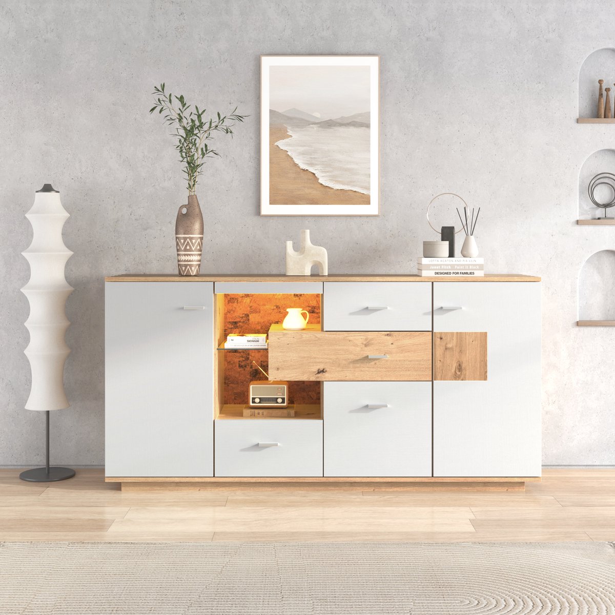 FloraGrace Dressoir - Met Ledverlichting En Veel Opbergruimte - 2 Deuren 4 Lades Met Glazen Planchet - MDF - Wit Houtlook - 160x40x77 Cm