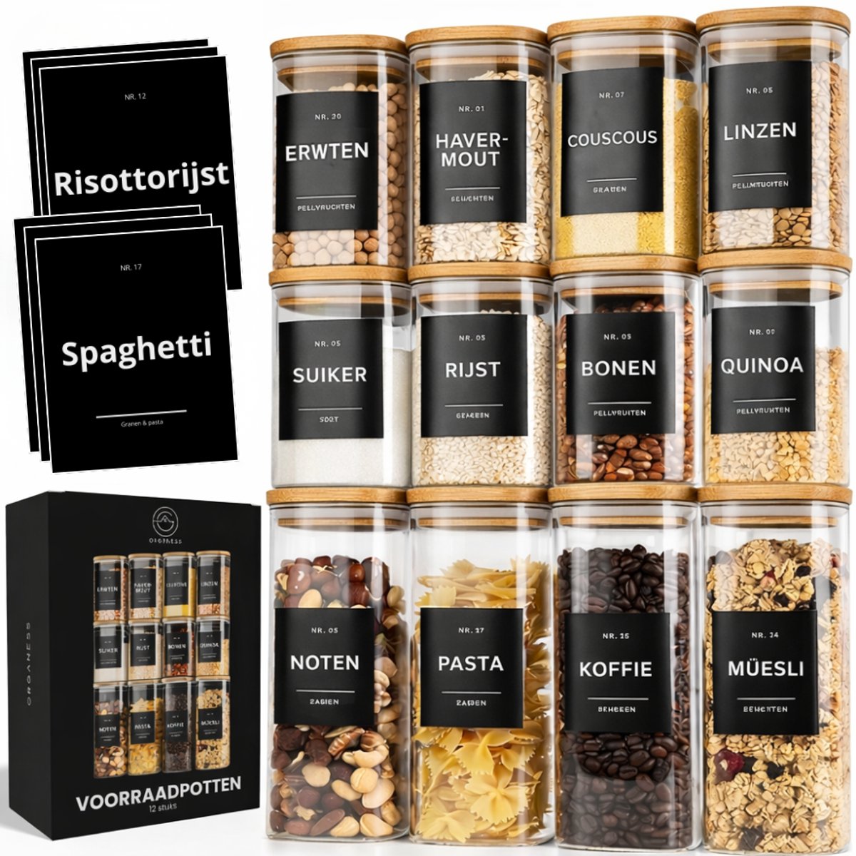 Organess Voorraadpotten Bamboe deksel - 12 Delige set - Glas met deksel - Snoeppot - Glazen voorraadpotten - 4x 1000ml & 8x 600ml