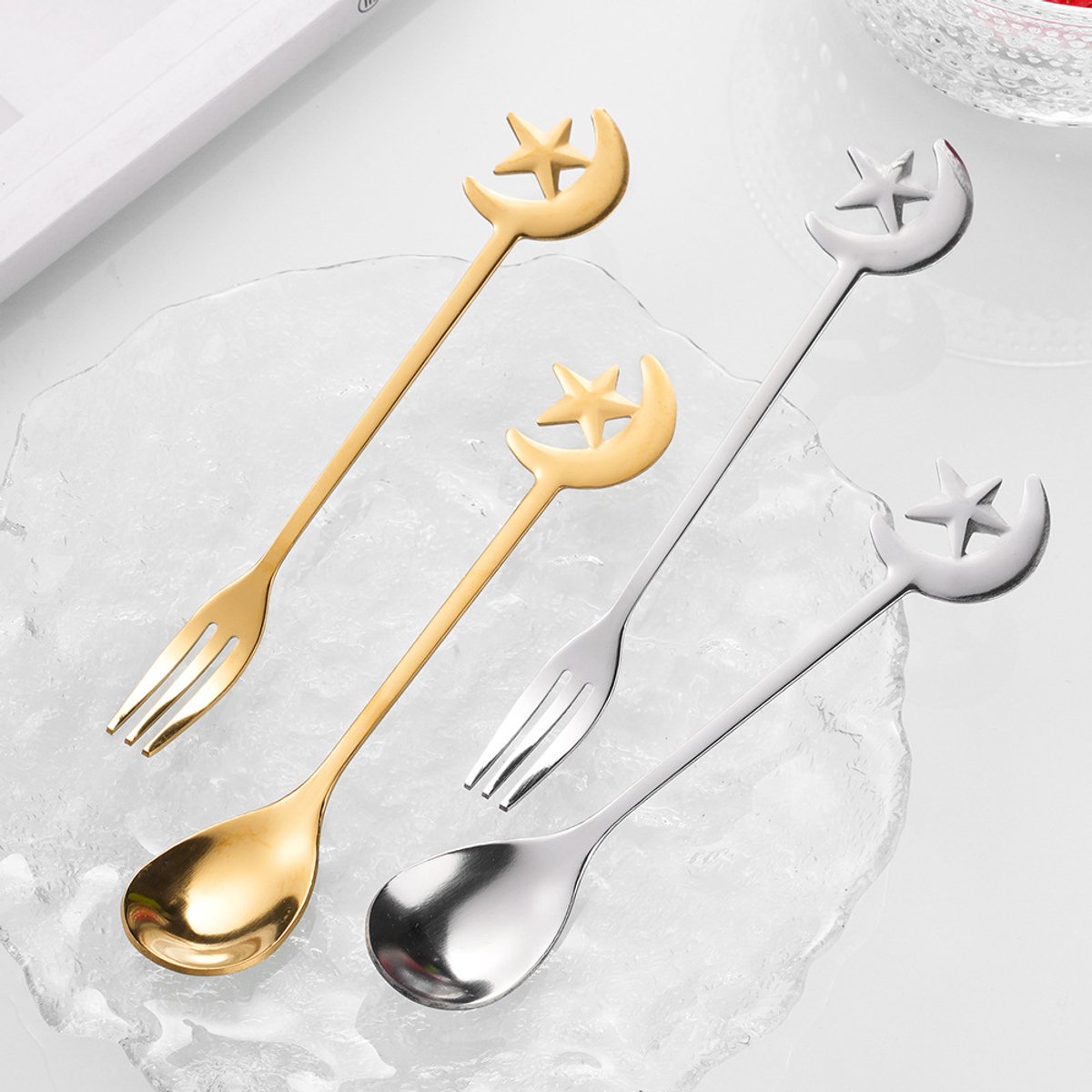 4 roestvrijstalen lepels met ster- en maanontwerp, mini-espresslepels voor roeren, mengen en serveren bij theekransjes, desserts en in restaurants