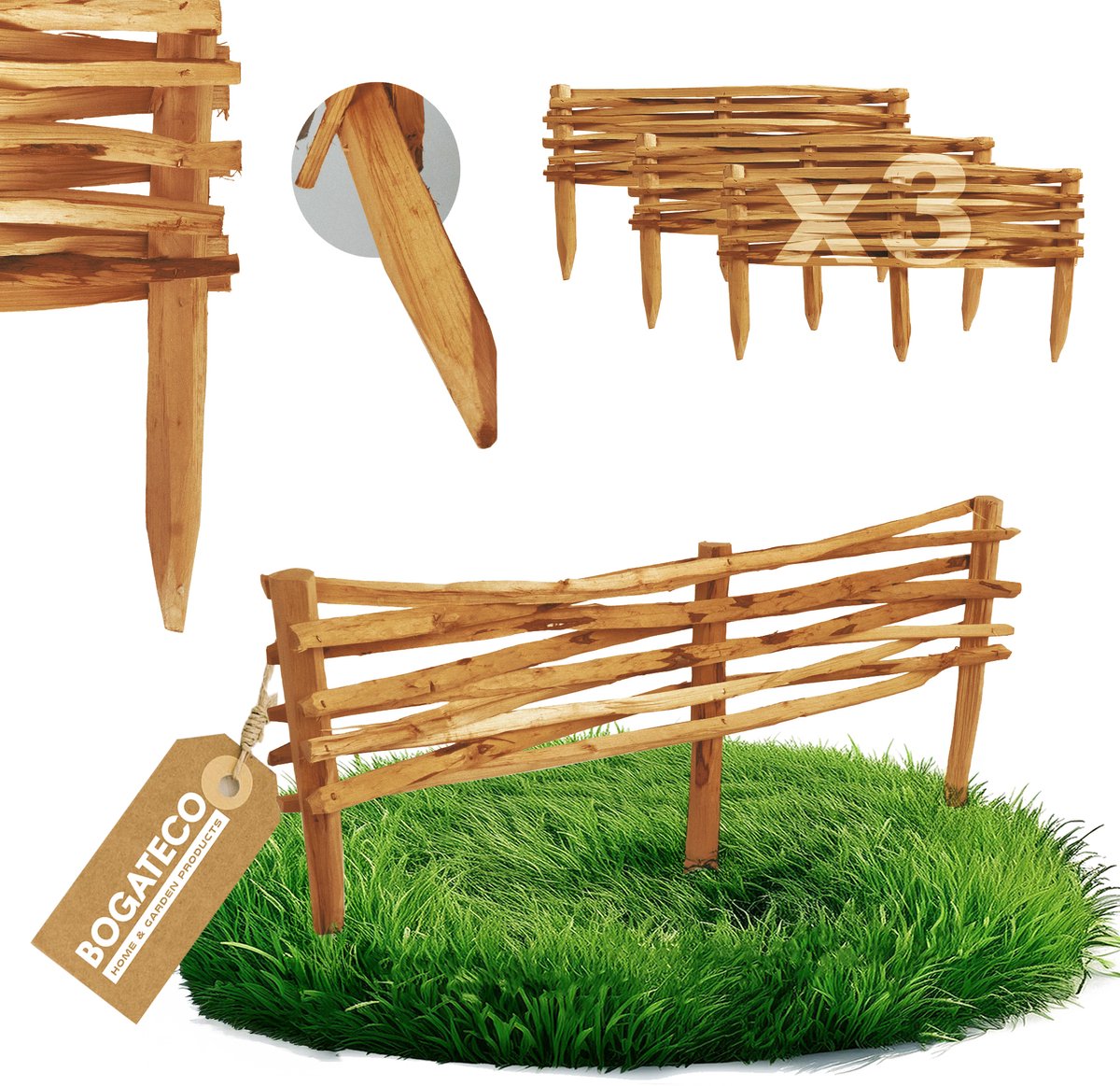 BOGATECO Hazelnoot Insteekhek Set van 3 - 90 x 20 cm - Tuinhek & Bedborder - Natuurlijk Pikethekwerk - Bruin