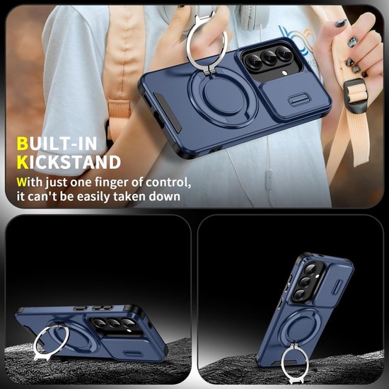 Donkerblauw telefoonhoesje met ingebouwde kickstand en ring, vastgehouden door een persoon.