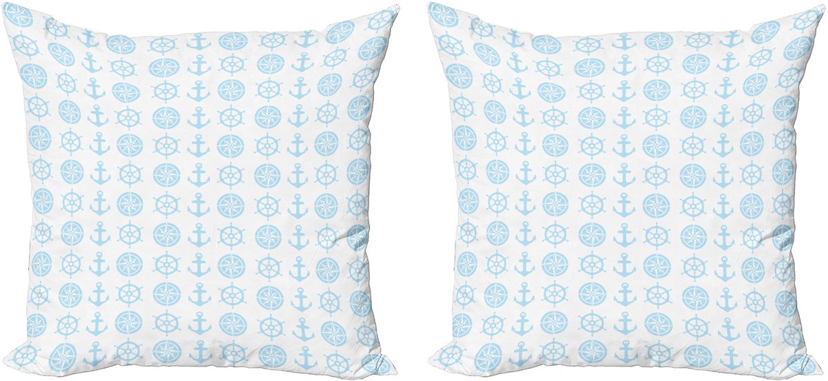 ABAKUHAUS Nautische decoratieve kussenhoes, 2-pack, kompas en anker, 45x45 cm, babyblauw wit