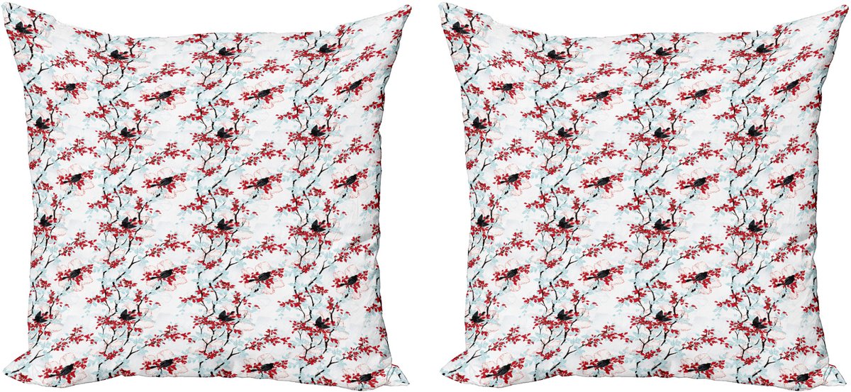ABAKUHAUS Decoratieve kussenhoezen voor de lente, 2 stuks, vintage Chinese bom 50x50 cm, lichtblauw, wit, rood