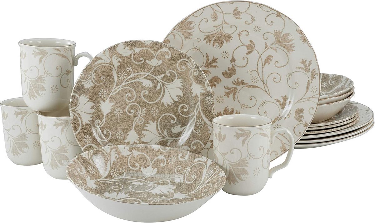 16-delig Servies Set Beige Steenwerk met Damast Patroon