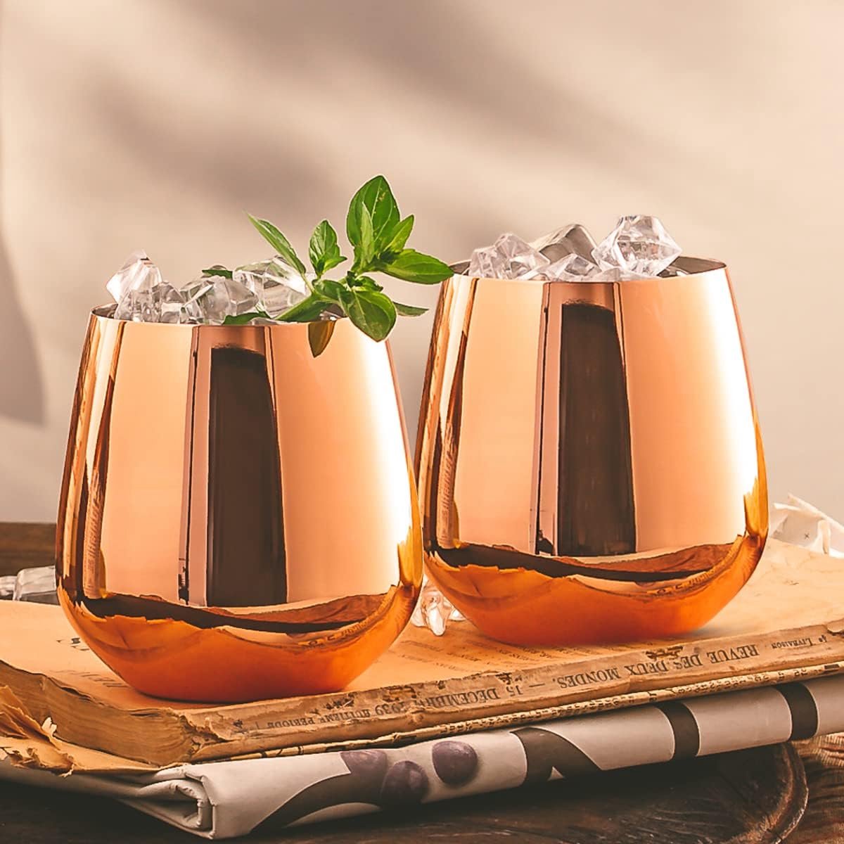Set van 2 Onbreekbare Koperen Wijnglazen – Stemless voor Wijn en Cocktails
