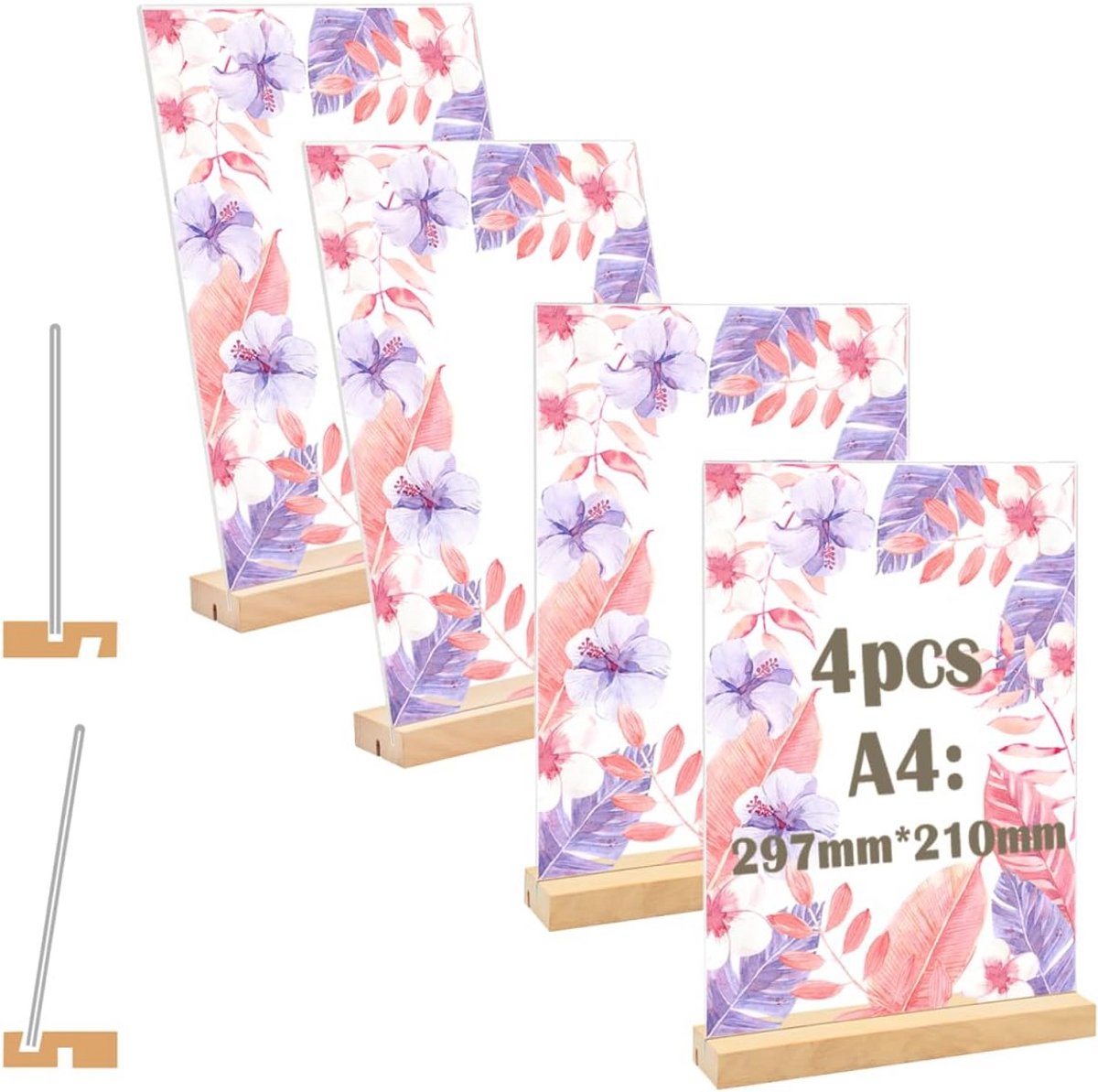 4x A4 Tafelstandaard Acryl met Houten Basis, L/T-Vormig Prijskaartjes Display