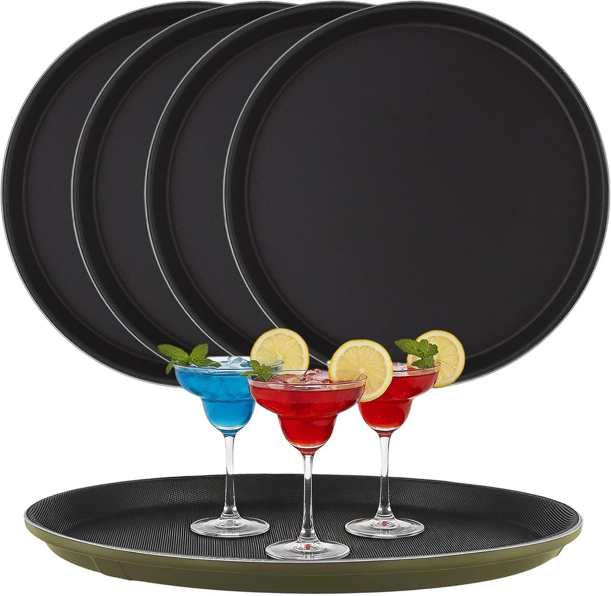 5x Rond Zwart Dienblad 28 cm met Antislip Rubberen Voetjes voor Horeca en Thuis