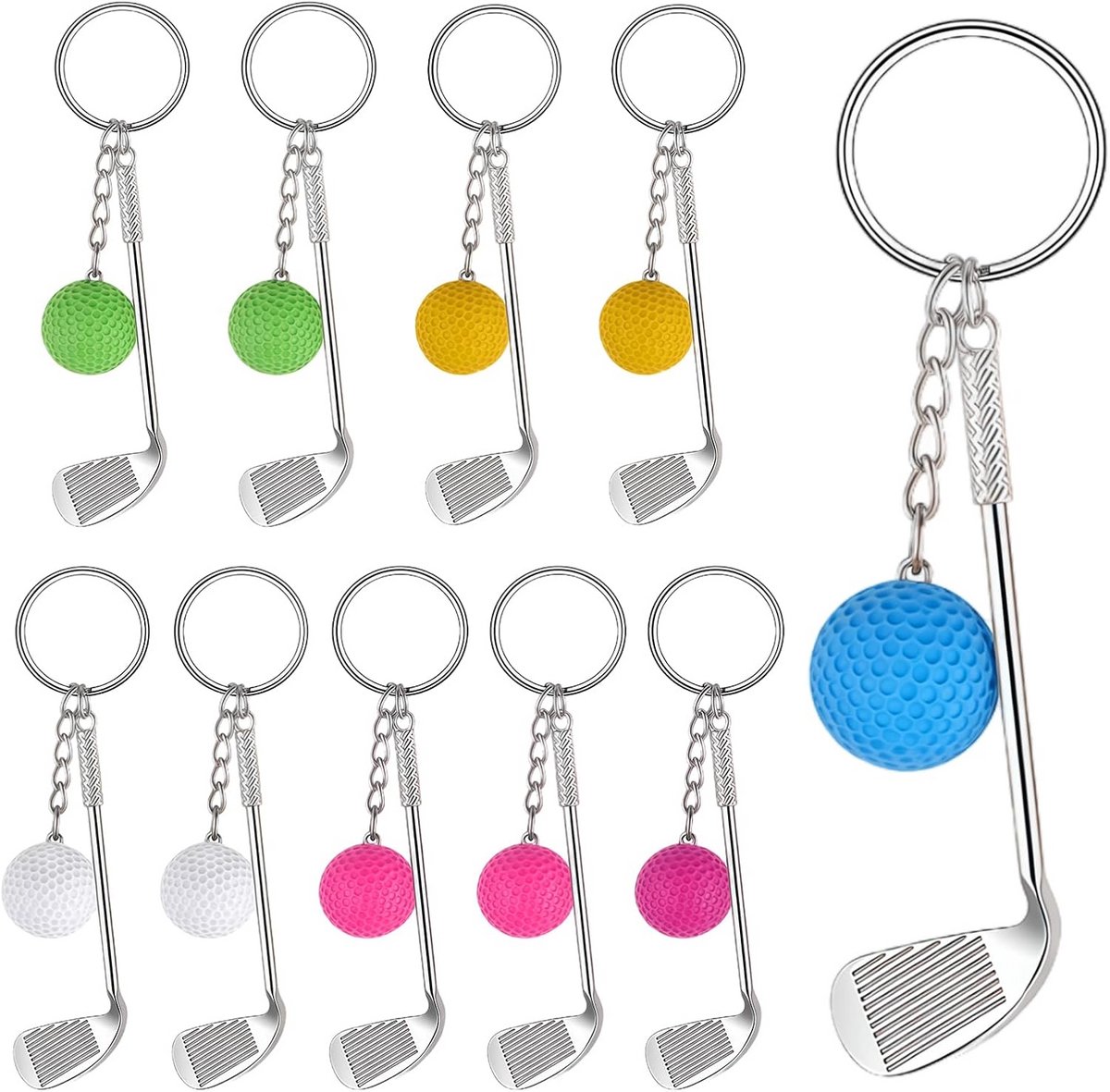 10 Stuks Golf Sleutelhanger met Golfbal en Club - Metalen Sleutelring Cadeau voor Golfers