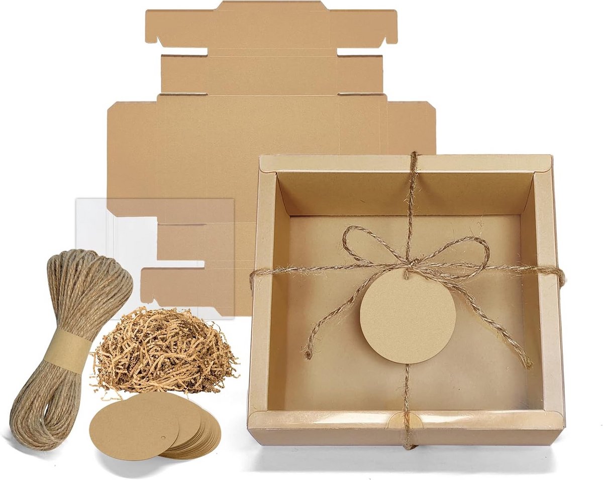 30 Kraft Geschenkdozen met Venster en Jute Koord voor Cadeaus en Verpakking