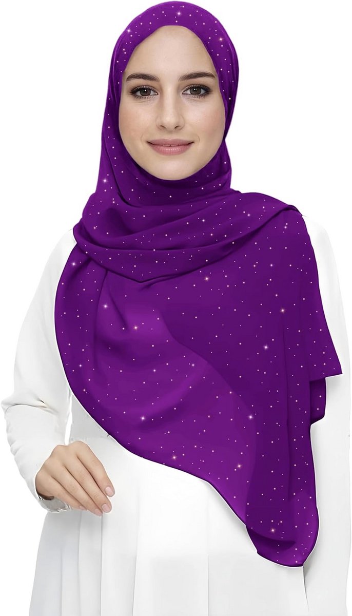 Luxe Chiffon Hijab Sjaal met Gouden Glitter - Paars Magenta