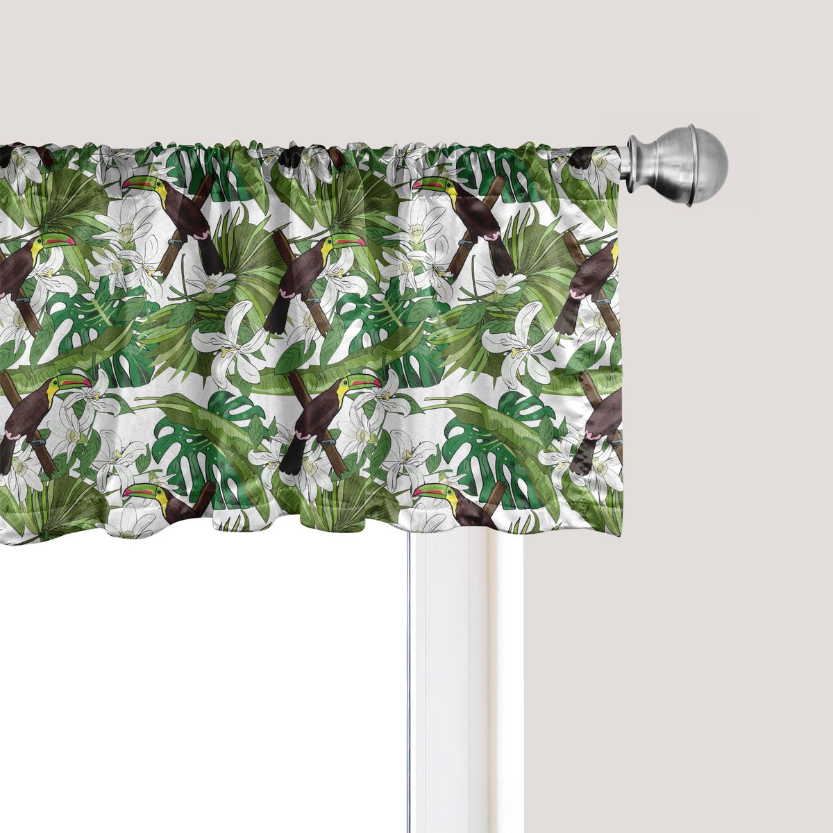 ABAKUHAUS Botanische raamvalance, gordijnvalance voor keuken en slaapkamer met tunnelzoom, 137 cm x 45 cm, olijfgroen bruin geel