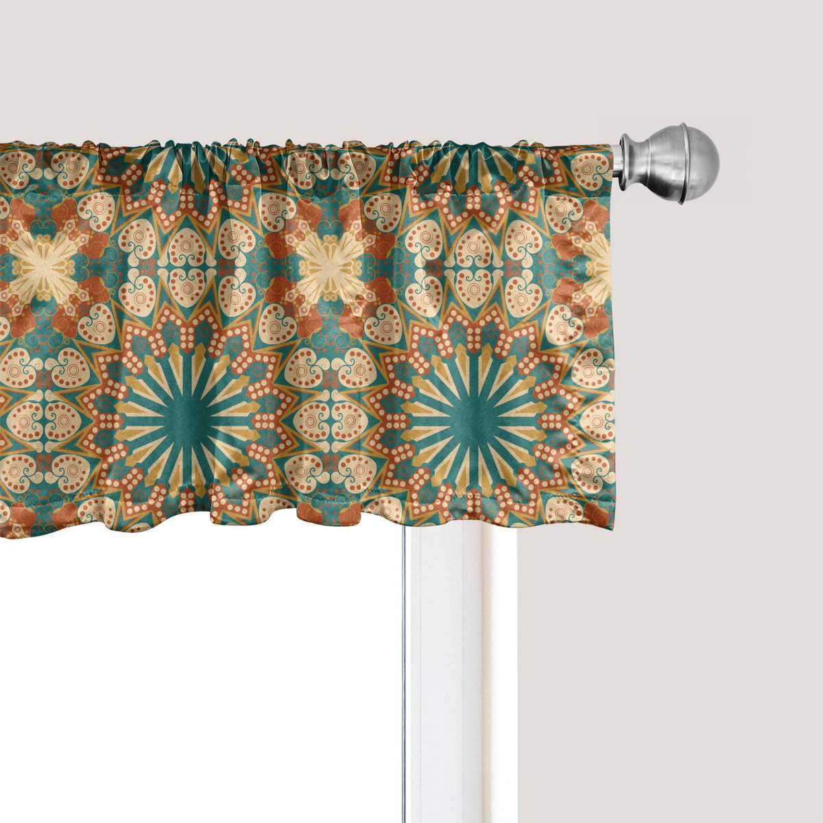 ABAKUHAUS Art Nouveau raamvalletje, gordijnvalletje voor keuken- en slaapkamerdecoratie met tunnelzoom, 137 cm x 45 cm, turquoise/verbrand oranje