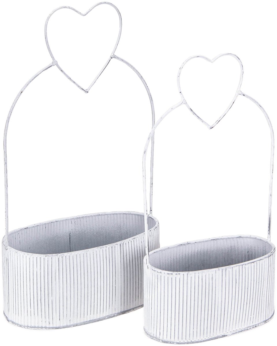 Decoratieve ovale metalen schaal met hartje, wit, 20/16 cm, set van 2