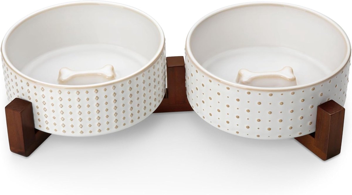 Hondenbak Set - Voerbakken Huisdier - Dubbele Voeding - Walnoot Houten Standaard - 38x17x9 cm - Ruiten Polka Dots