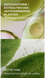 Collage met Astaxanthine, plantenextracten en witte thee. Druppels en bladeren met tekst.