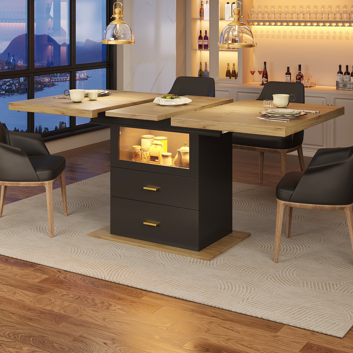 Wishdor Uitschuifbare Eettafel - 2 Laden En Ledverlichting - MDF En Metaal - Houtkleur En Zwart - 110-140 X 80 X 75 Cm