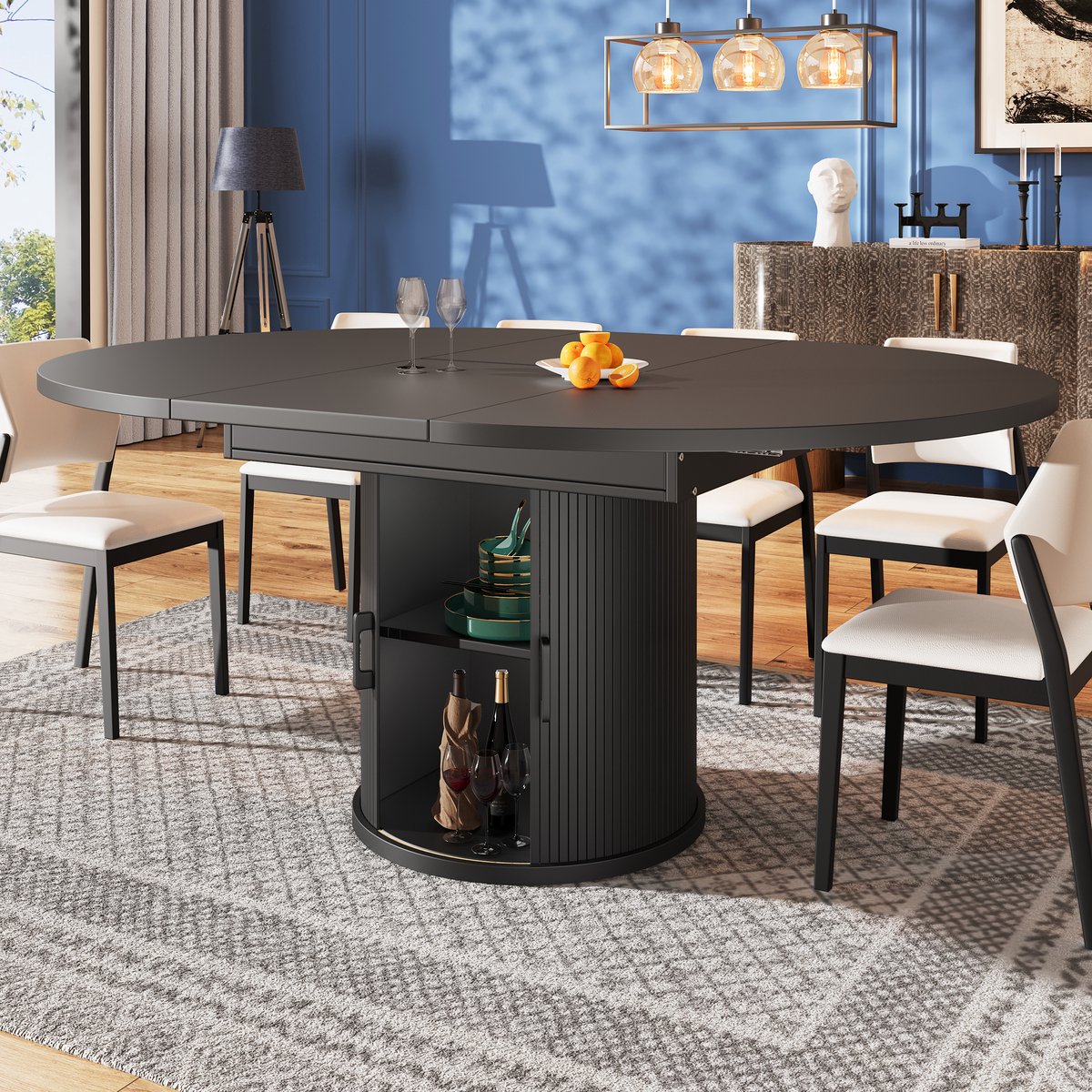 Wishdor Uitschuifbare Eettafel - Met Opbergruimte - Rond Naar Ovaal - Voor Keuken Of Eethoek - MDF - Zwart - 118-158 x 118 x 76,8 cm