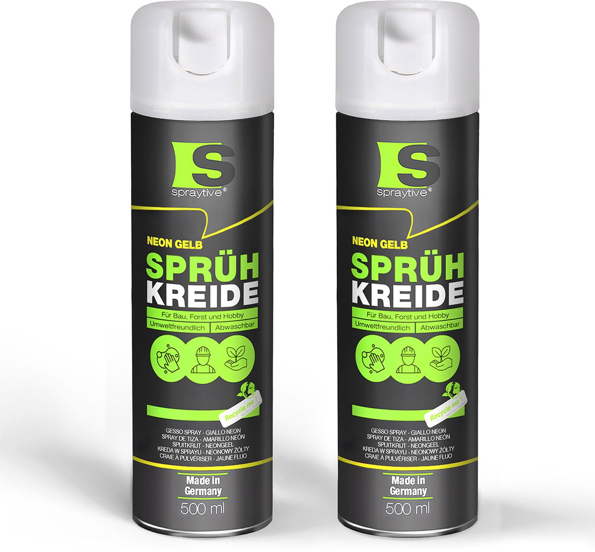 Spraytive 2x 500ml spuitkrijt neon geel markeerspray afwasbaar krijtspray voor tijdelijk markeren op asfalt gras en beton hoge dekking