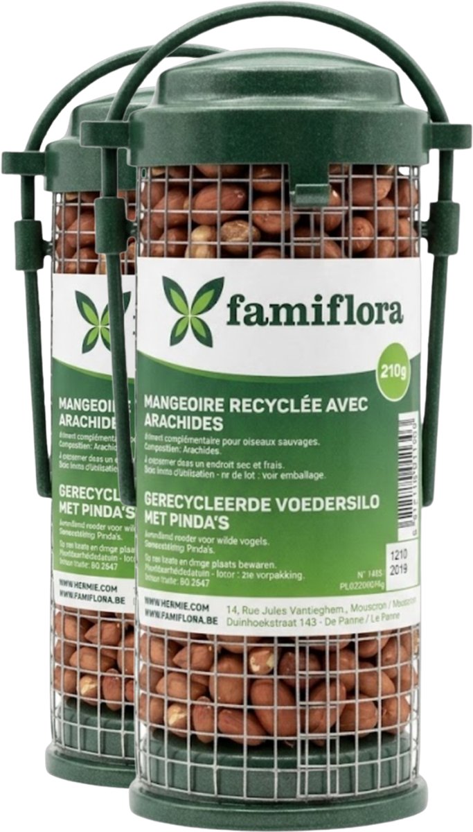 Famiflora Voedersilo Pinda's - 2 stuks (420 gram) - Gerecycleerd - Buitenvogels - 210g per stuk - Voor tuinvogels - Volledig recyclebaar materiaal - Inclusief 210g pinda's - Klassiek en stevig ontwerp