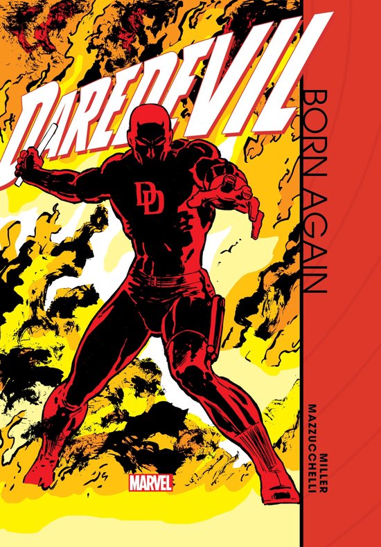 Daredevil in rood en zwart met een wapen, met de tekst "DAREDEVIL BORN AGAIN" en "MARVEL" op een gele en rode achtergrond.
